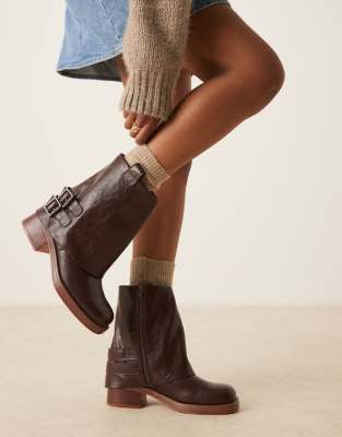 Glamorous Fold Over Low Ankle Boots In Brown