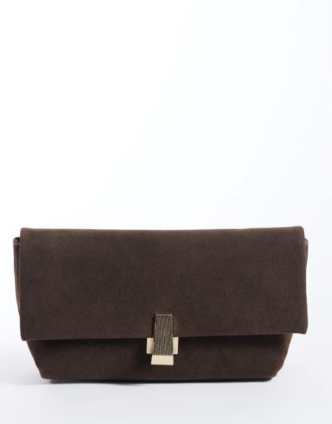 Glamorous fold top clutch bag in dark chocolate faux suede - view 1