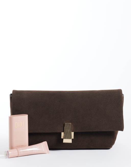 Glamorous fold top clutch bag in dark chocolate faux suede, 2 of 4
