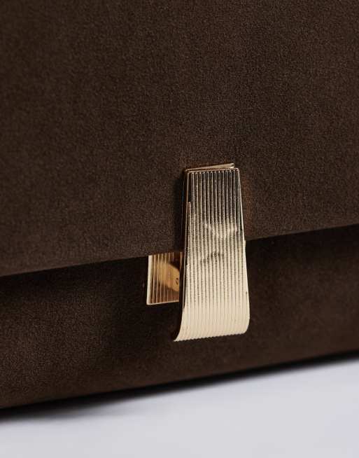 Glamorous fold top clutch bag in dark chocolate faux suede, 3 of 4