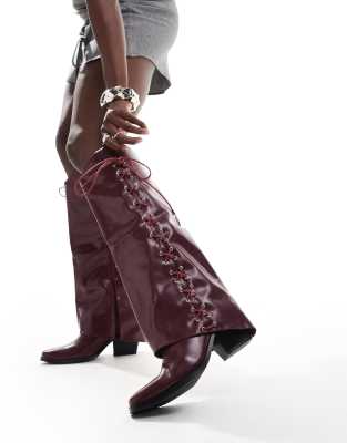 foldover western heeled knee boots with lace up bow in burgundy-Red