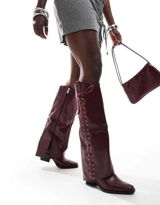 Glamorous foldover western heeled knee boots with lace up bow in burgundy ASOS