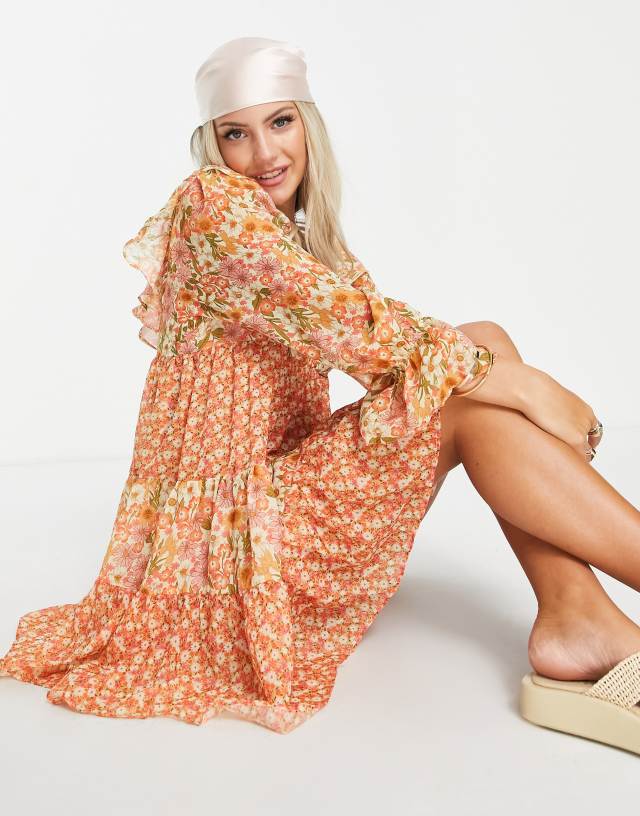 Glamorous frill detail mini smock dress in multi vintage floral chiffon