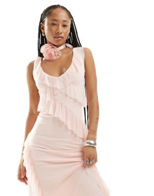 Glamorous Frill Detail V Neck Midi Dress In Soft Pink