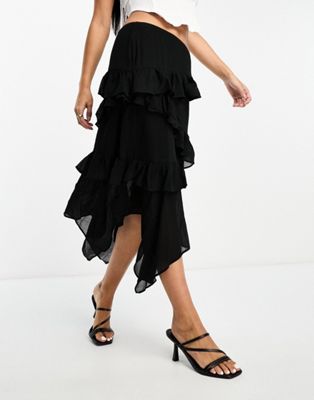 Glamorous frill tiered midi skirt in black chiffon with asymmetric hem