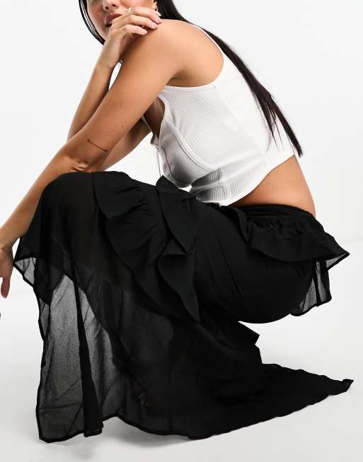 Glamorous frill tiered midi skirt in black chiffon with