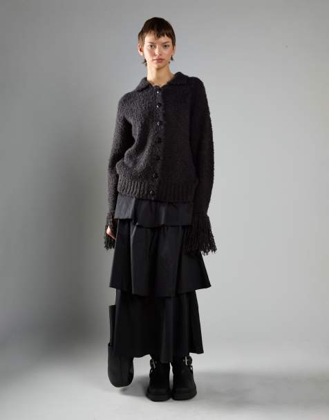 Glamorous Fringe cuff button-front cardigan in black - view 1