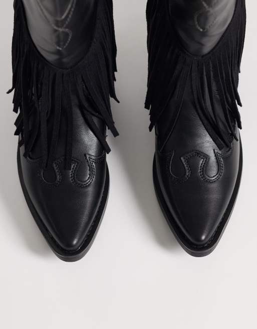 Glamorous fringe trim cowboy knee boots in black, 2 of 4