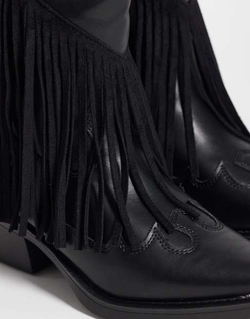 Glamorous fringe trim cowboy knee boots in black, 3 of 4