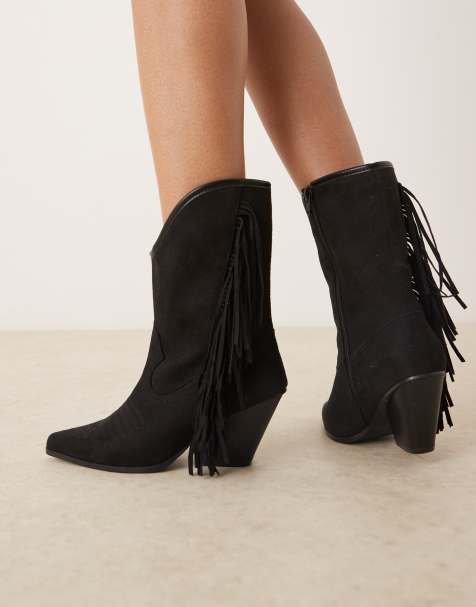 Glamorous fringe western knee boots in black - view 1