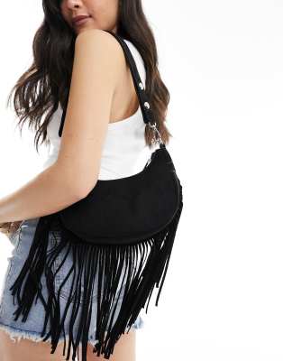 Glamorous fringed faux suede shoulder bag in black