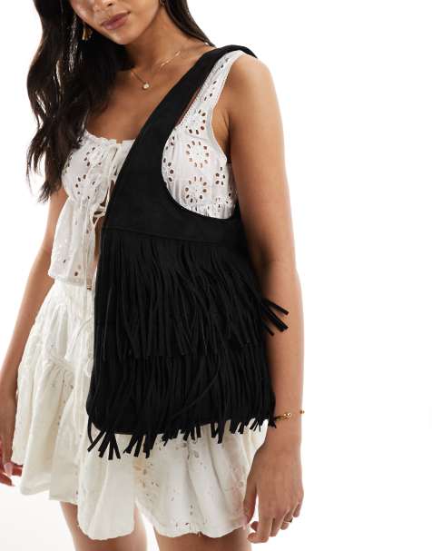 Glamorous fringed faux suede shoulder bag in black - view 1