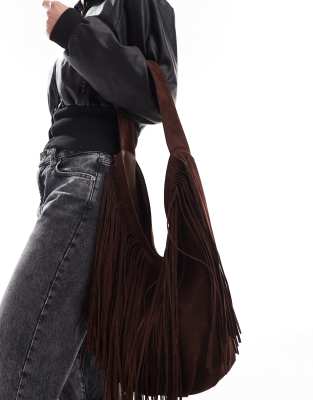 Glamorous fringed faux suede shoulder bag in dark brown