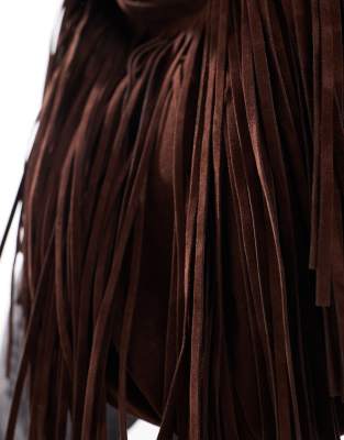 Glamorous fringed faux suede shoulder bag in dark brown