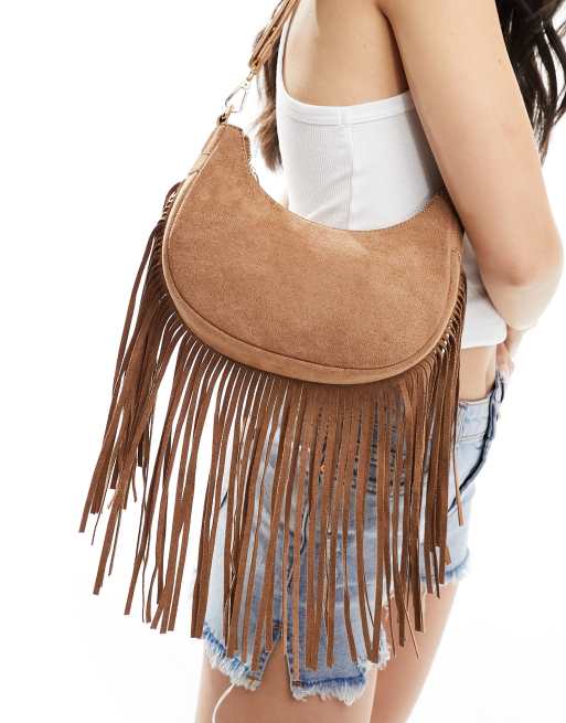 Glamorous fringed faux suede shoulder bag in tan | ASOS
