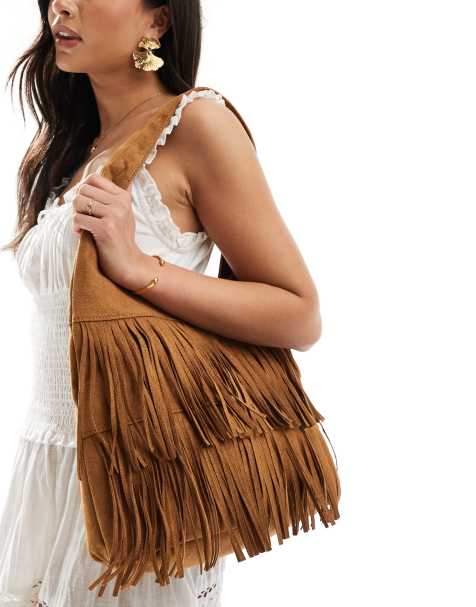 Glamorous fringed faux suede shoulder bag in tan - view 1