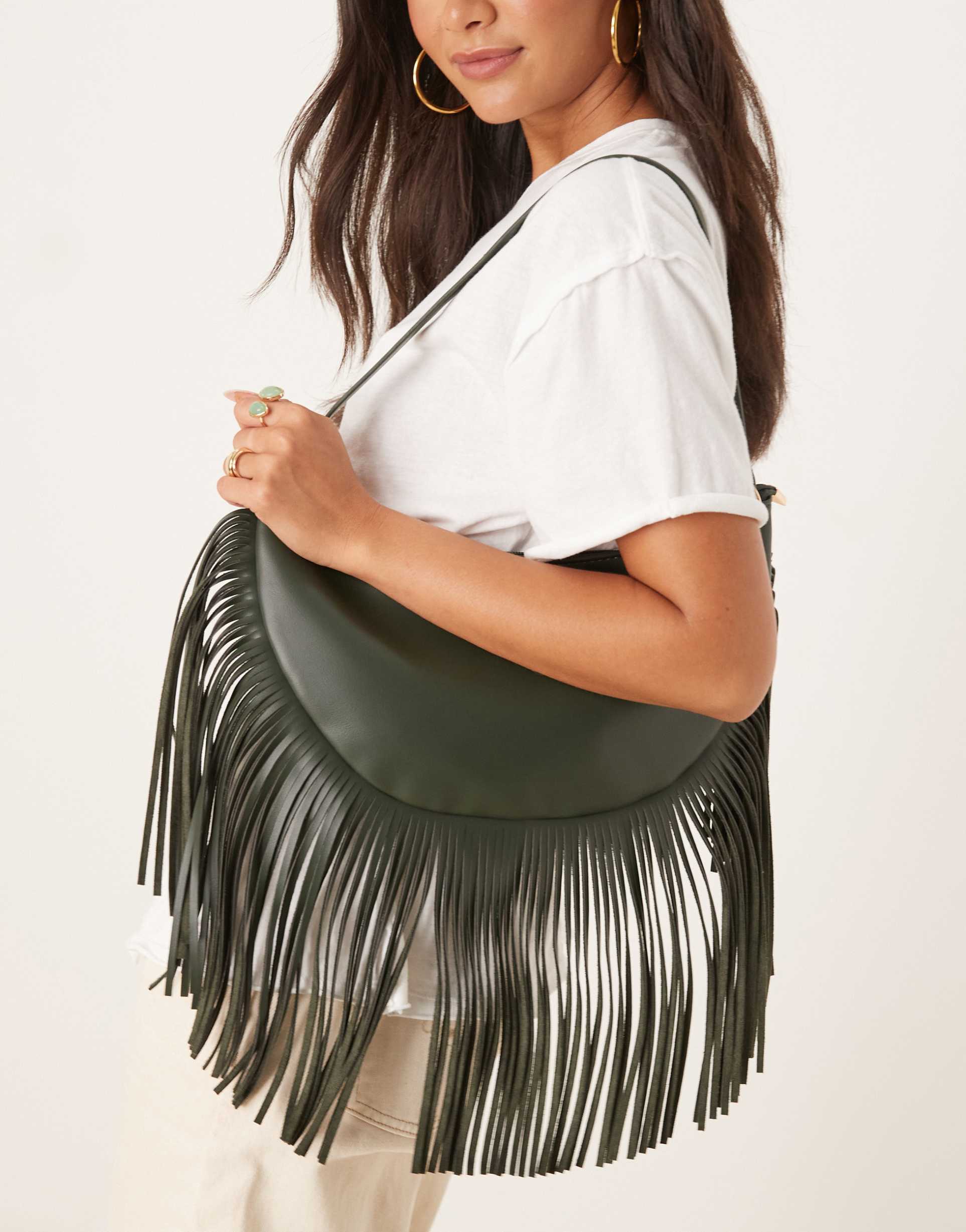 glamorous fringed slouchy shoulder bag in olive