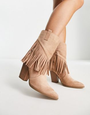 Glamorous fringed western heel boots in beige