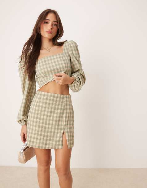 Glamorous Front side split mini skirt in turquoise multi check