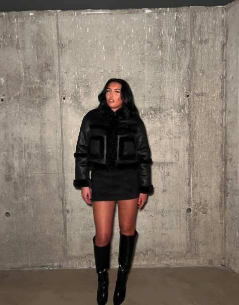 Glamorous Fur trim cropped jacket in black - view 1