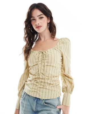 Glamorous gathered-front top in straw gold stripe