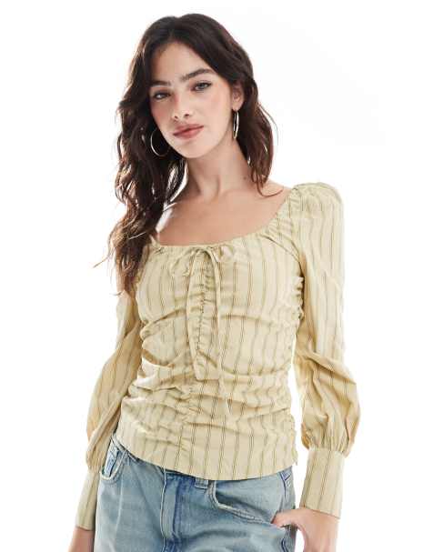 Glamorous Gathered-front top in straw gold stripe - view 1