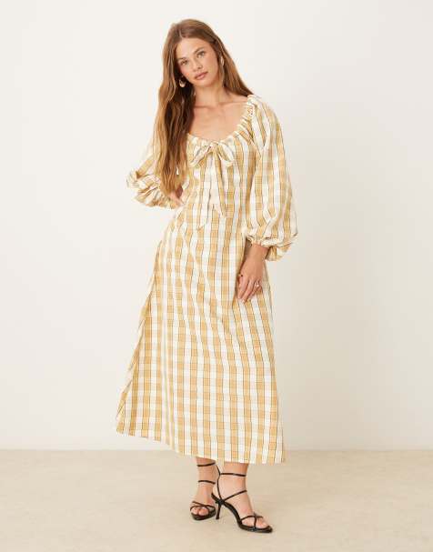 Glamorous Gathered neck midi dress in beige cream check - view 1