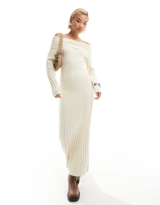 Glamorous - Gebreide bodycon maxi jurk met blote schouders in crème