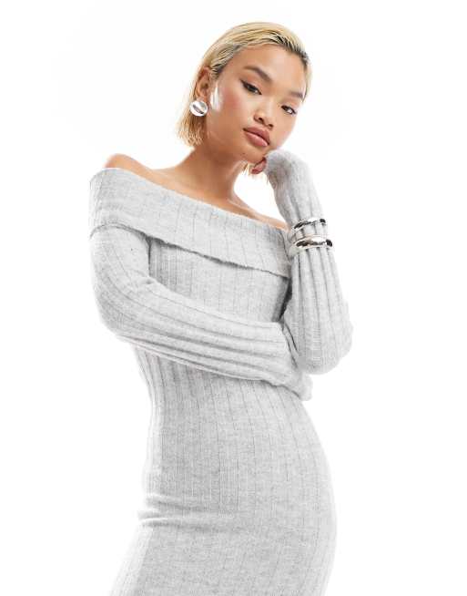 Glamorous - Gebreide bodycon maxi jurk met blote schouders in gemêleerd grijs