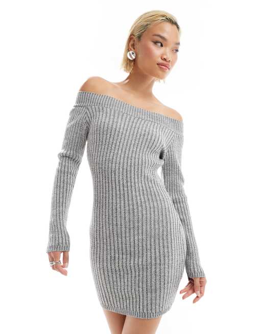 Glamorous - Gebreide mini jurk met boothals in gemêleerd grijs