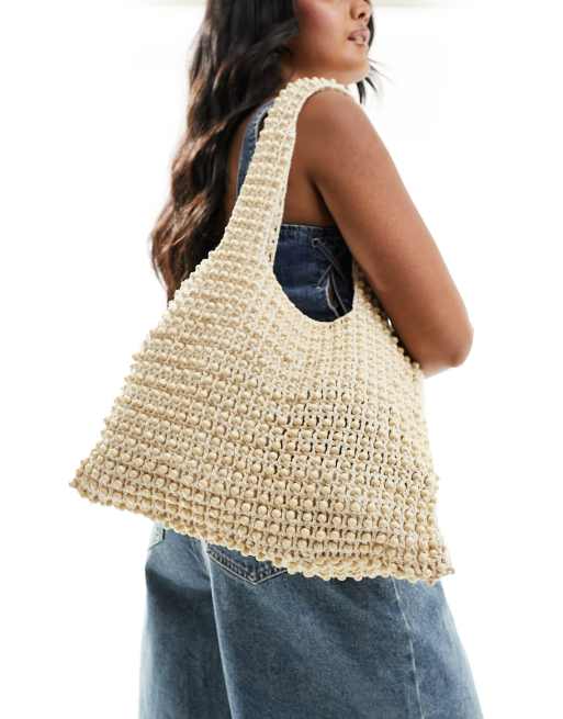 Glamorous - Gehaakte tote tas met schouderband en kraaltjes in crème, 2 van 4