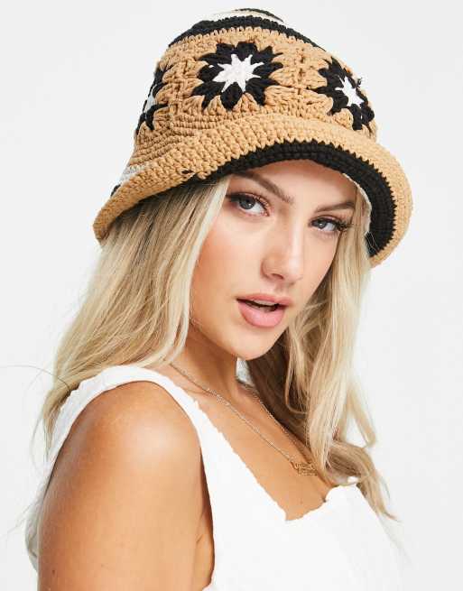 Glamorous - Gehaakte zomerse bucket hat in beigemix