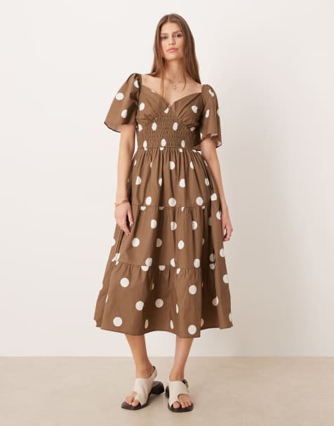 Glamorous - Gelaagde midaxi jurk met V-hals in bruin met witte stippen - view 1