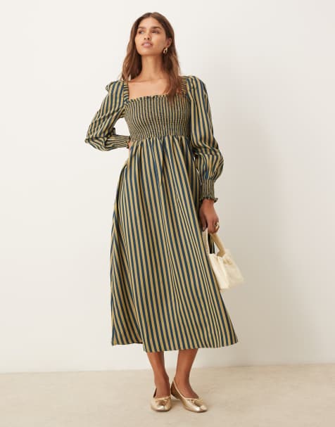 Glamorous - Geplooide midi-jurk met pofmouwen in marineblauwe en gele streep - view 1