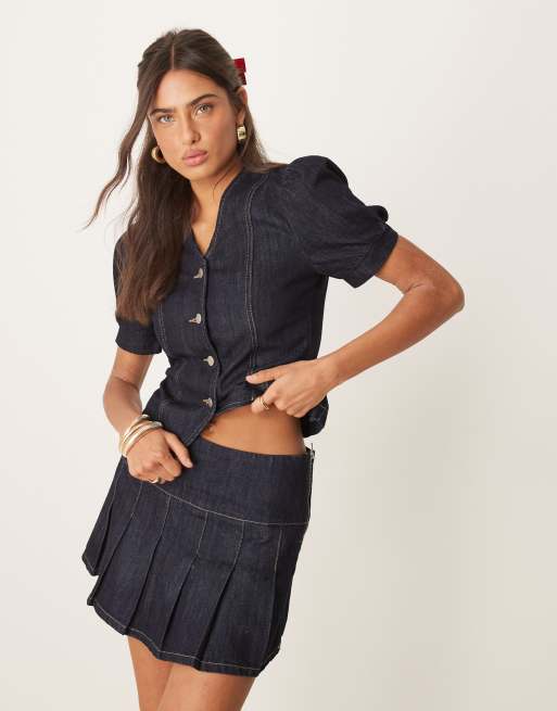 Glamorous Geplooide mini rok in indigo denim, deel van co-ord