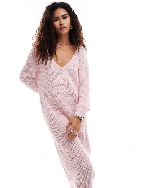 Glamorous - Geribbelde gebreide midi-jurk met V-hals in zachtroze