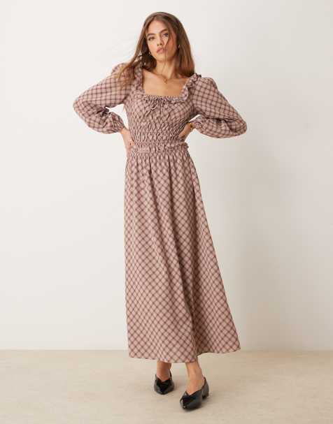 Glamorous - Geruite maxi jurk met vierkante hals, volumineuze mouwen en ruches in rood - view 1