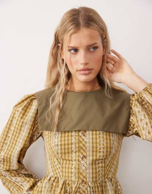 Glamorous - Geruite mini babydoll jurk met vierkante kraag in geel, 4 van 4