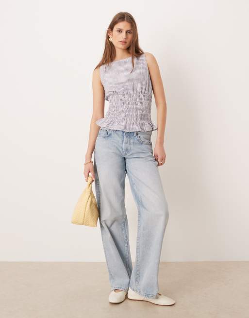 Glamorous - Geruite top met gesmokte taille en ruches aan de zoom in blauw, 2 van 4