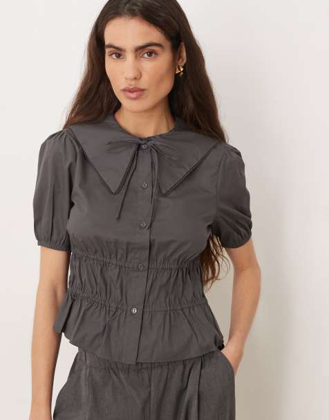 Glamorous - Gesmokte blouse met rimpeleffect in metaalgrijs - view 1