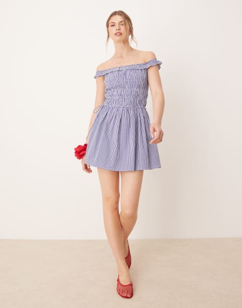 Glamorous – Gesmoktes, schulterfreies Minikleid mit blauem Vichy-Karo - view 1