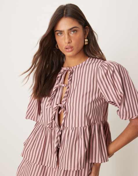 Glamorous - Gestreepte blouse met pofmouwen en striksluiting in roze, deel van co-ord set - view 1