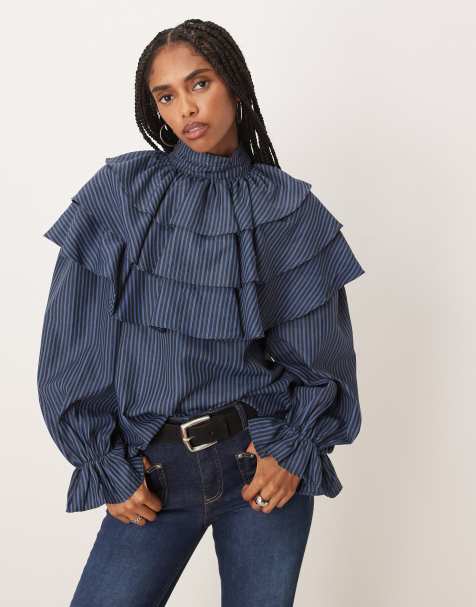 Glamorous - Gestreepte blouse met ruches in marineblauw - view 1