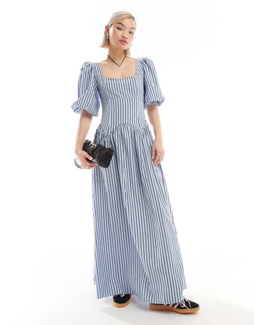 Glamorous - Gestreepte maxi jurk met vierkante hals, volumineuze mouwen en verlaagde taille in blauw