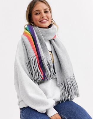 Glamorous - Gestreepte oversized sjaal met grijze en regenboogstrepen-Grijs