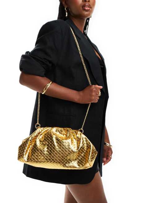 Glamorous – Gewebte Clutch-Tasche in Gold mit abnehmbarem Kettenriemen, 4 von 4