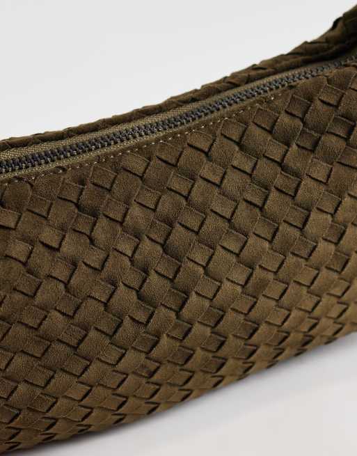 Glamorous – Gewebte Mini-Schultertasche aus Wildlederimitat in Khakigrün, 3 von 4
