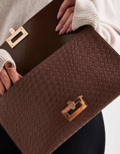 Glamorous - Geweven clutch tas met goudkleurige metalen sluiting in bruin, 4 van 4