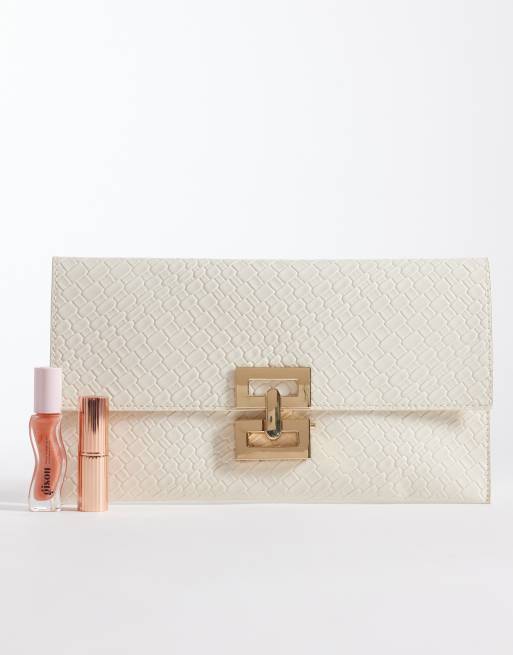 Glamorous - Geweven clutch tas met goudkleurige metalen sluiting in crème, 2 van 4