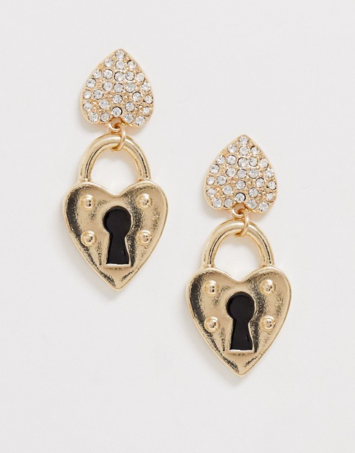 Glamorous gold heart padlock drop earrings